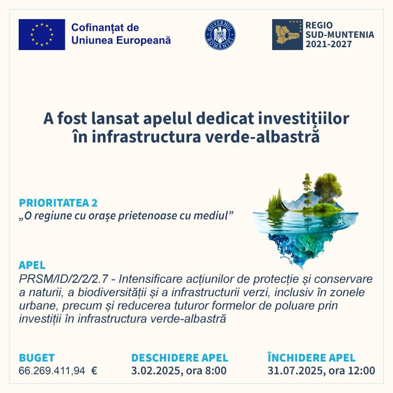 ADR Sud-Muntenia deschide un apel de 66 de milioane de euro pentru infrastructura verde-albastră