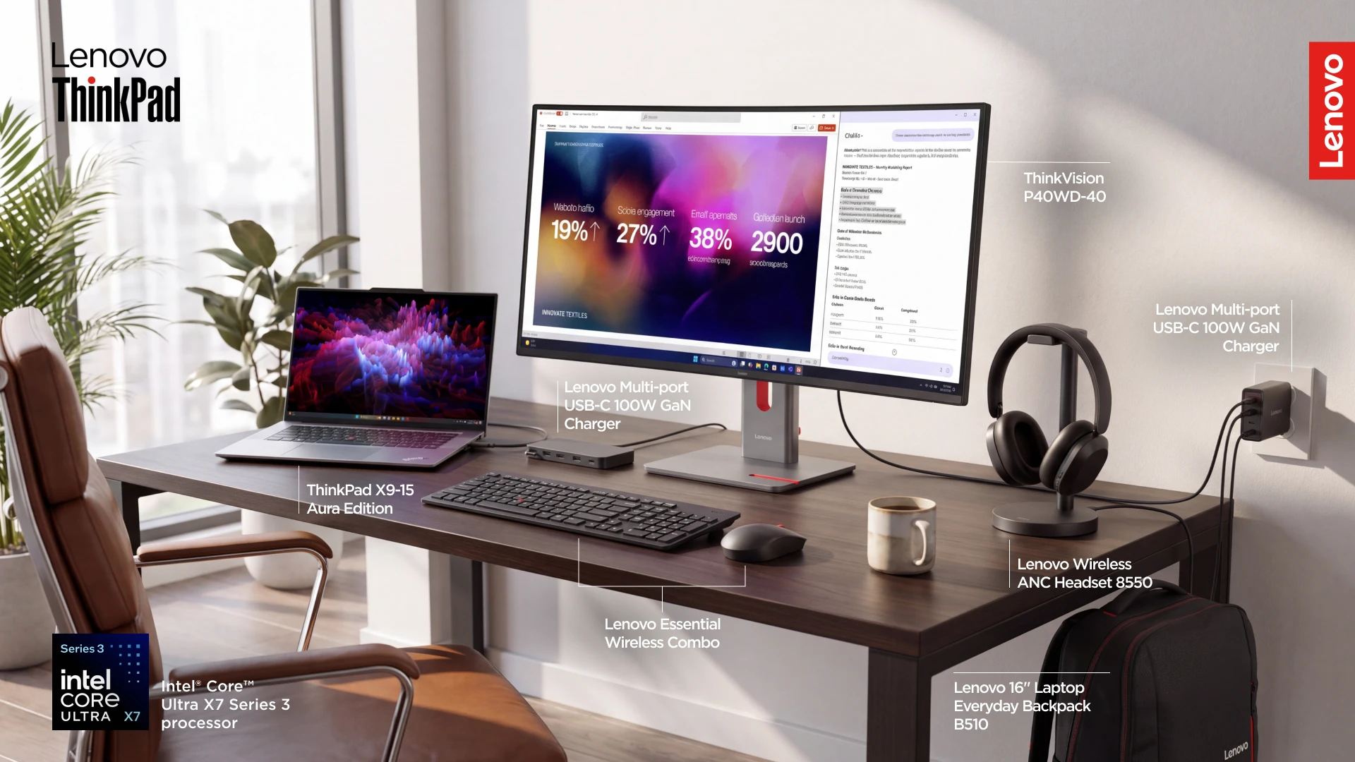 Birou hibrid echipat Lenovo - laptop, monitor, docking și periferice conectate pe un singur cablu.